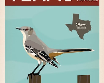 Vintage Texas Series Poster #1 - Northern Mockingbird - TX State Bird