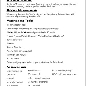 May include: Crochet pattern instructions for a stuffed toy. The pattern includes a list of materials, tools, and abbreviations. The pattern is for a beginner to advanced beginner skill level. The pattern is for a stuffed toy that is approximately 8 inches tall.