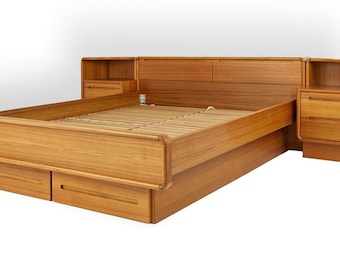 Teak Danish Modern Queen Floating Platform Bed with Nightstands & Under-bed Storage Drawers by Sun Cabinets