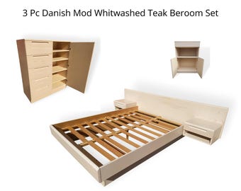 3 pc Danish Modern Bedroom Set in Whitewashed Finish from Jesper, Queen Bed + Gentelam's Chest Dresser + Storage Chest, Mid Century Modern
