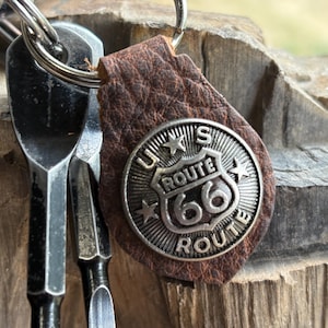 Route 66 keychain, Mini keychain, gift for dad, leather keychain, keychain, brown leather, One inch concho, keychain, Route 66 keychain