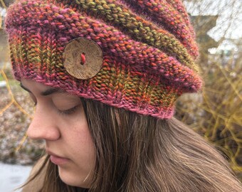 Boho Style Hat, Bohemian hat, Beret Style Hat, Knit Beret, Slouchy Hat, Multi Colored Hat, Handknit Beret, Boho Hat, Button Hat, Boho Slouch