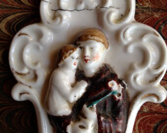 European Holy Water Font With Saint Anthony And Baby Jesus.