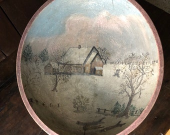 Antique Hand Painted Wood Bowl- Winter Scene - Folk Art