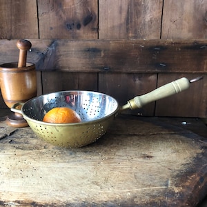 Vintage Brass and Wood Colander - Hanging