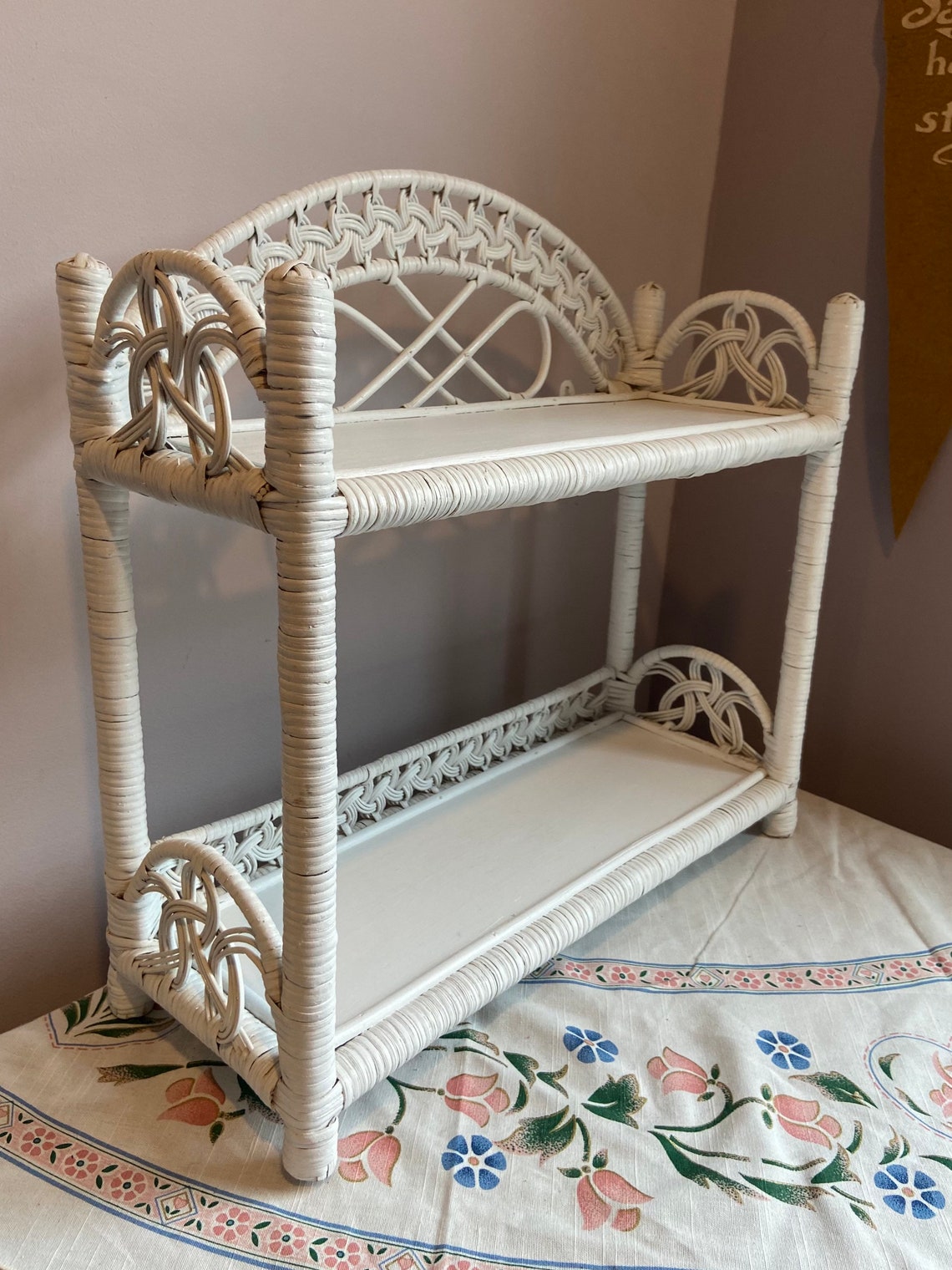 Vintage White Rattan Wicker Shelves Hanging or Tabletop Home Etsy