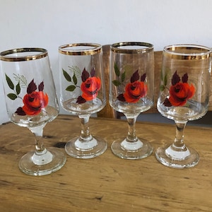 Set of Four Red Rose Pattern Sherry Liqueur Drinking Glasses