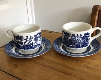 Pair of Churchill Willow Pattern Blue and White Cup and Saucer Duos
