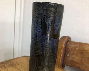 Isle of Wight Azurene Glass Black and Gold Cylinder Vase