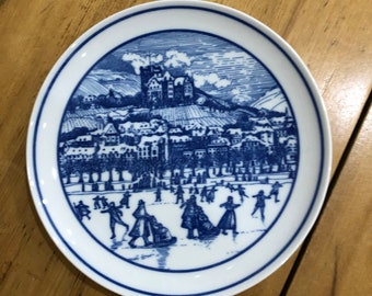 Hutschenreuther Blue and White Winter Skating Scene Decorative Wall Plate