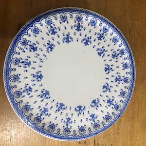 May include: A white ceramic plate with a blue and white floral design. The design features a repeating pattern of stylized fleur-de-lis.