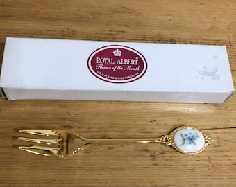Royal Albert, July, Forget-me-not, Flower of the Month Gold Plated and Porcelain Cake Fork