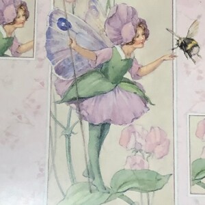 May include: A watercolor painting of a fairy with purple wings and a purple flower hat. The fairy is holding a stick and looking at a bumblebee. The background is a light pink with flowers.