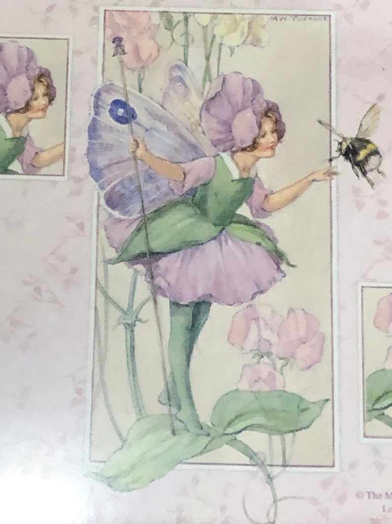May include: A watercolor painting of a fairy with purple wings and a purple flower hat. The fairy is holding a stick and looking at a bumblebee. The background is a light pink with flowers.