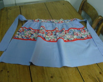 Vintage pale blue with floral stripe half apron