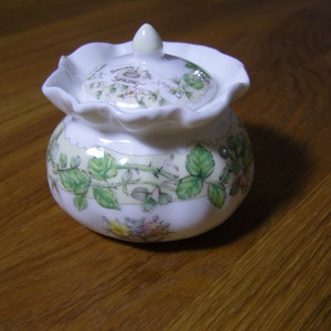 Puede incluir: Un tarro de cerámica blanco con tapa, adornado con un diseño floral con hojas verdes y flores rosas y amarillas. La tapa tiene la palabra "Spring" impresa. El tarro está sobre una superficie de madera.