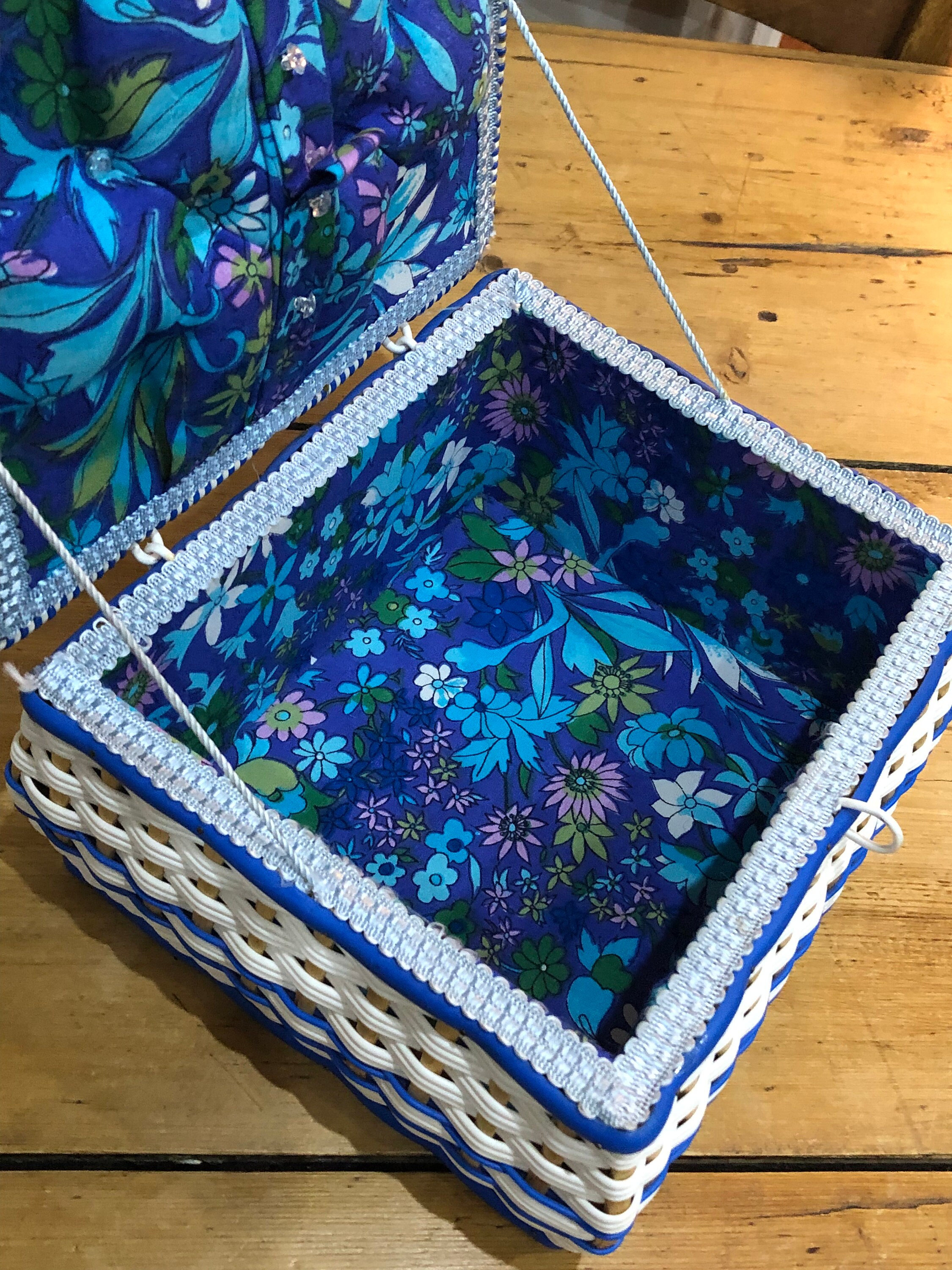 Vintage Woven Plastic Sewing Basket With Bamboo Slats Etsy