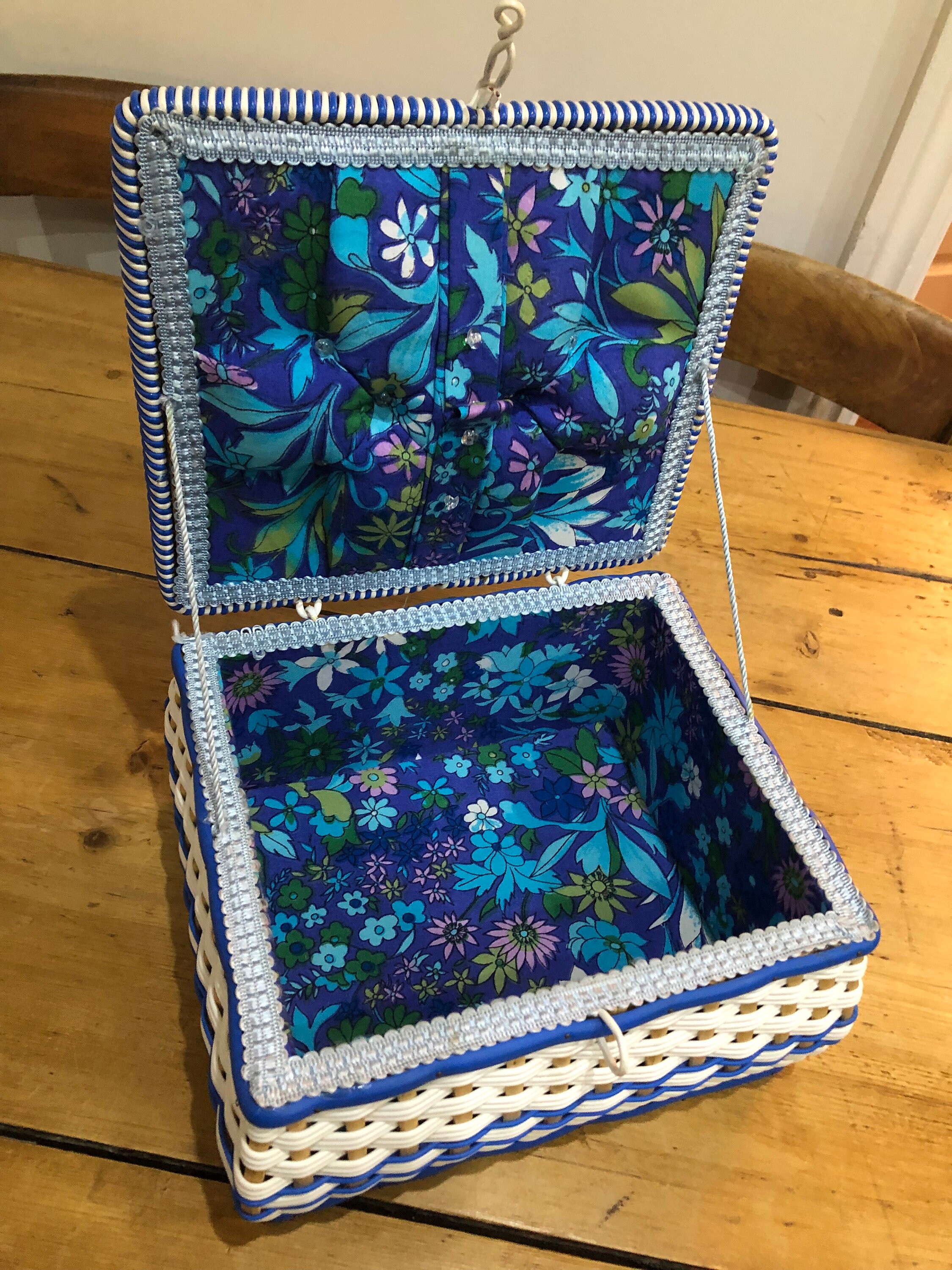 Vintage Woven Plastic Sewing Basket With Bamboo Slats Etsy