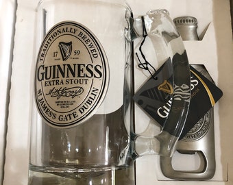 Guinness Glass Tankard Gift Set, Glass Pint Mug with Pewter Badge and Bottle Opener Fridge Magnet