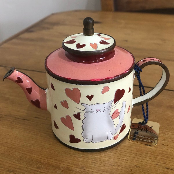 Cat and Hearts Trade Plus Aid Miniature Enamel Teapot