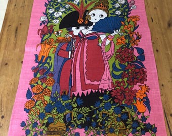 Vintage Belinda Lyon Pink Tiger Linen Tea Towel: 1970s Oxfam Wall