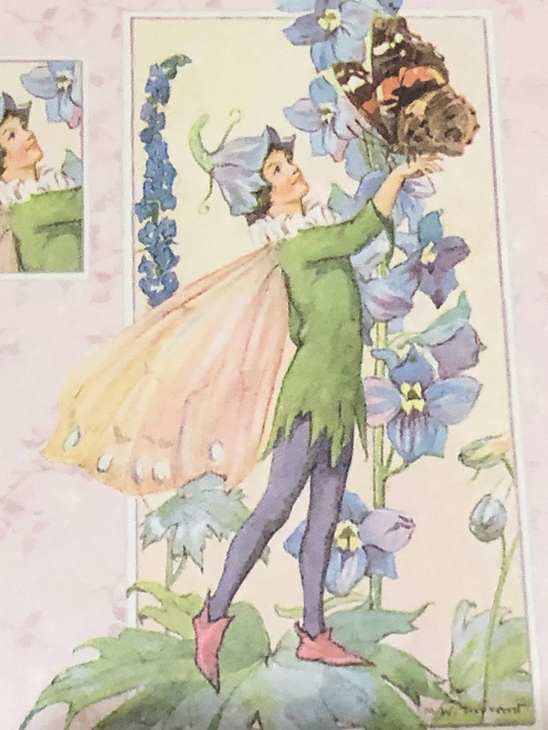 May include: A fairy with pink wings and a green dress reaches up to touch a blue flower. The fairy has a blue flower on its head and is standing on a green leaf. There is a butterfly on the flower.