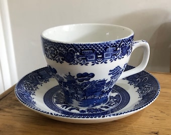 Wood's Ware Willow Pattern Blue and White Cup and Saucer Duo