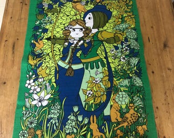 Vintage Belinda Lyon Pink Tiger Linen Tea Towel: 1970s Oxfam Wall