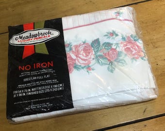 Vintage Meadowbrook laken met roze roos percalpatroon
