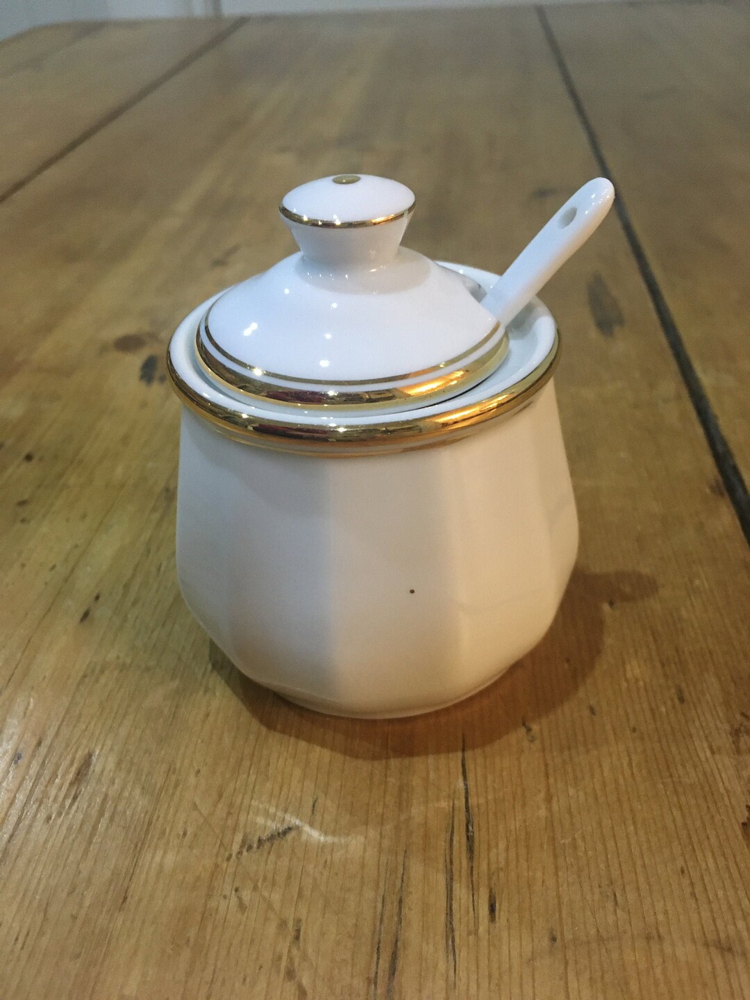 Apilco White and Gold Lidded Mustard Pot and Spoon Etsy UK