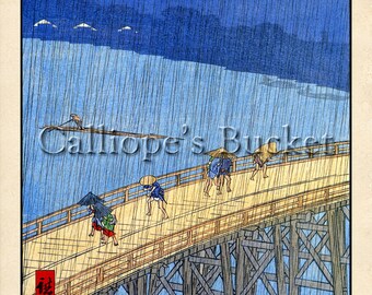 Sudden shower over Ohashi Bridge and Atake (大はしあたけの夕立), Ukiyoe woodblock print.(all artworks are sold without the "Calliope's Bucket" stamp)
