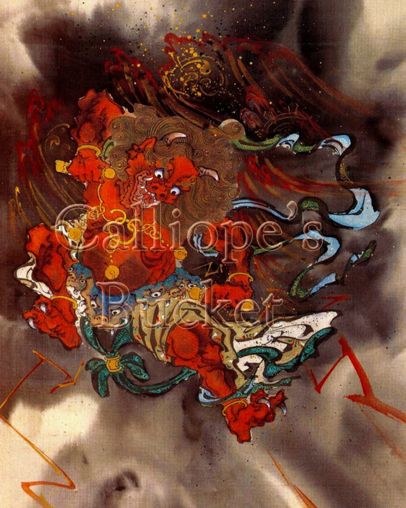 Raijin 雷神 God of lightning and thunder, watercolor on silk. all artworks are sold without the Calliope's Bucket stamp image 2