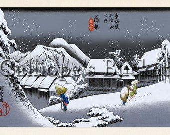 Night Snow at Kambara (蒲原　夜之雪), Station 16, From the series Fifty Three Stations of the Tokaido (東海道五拾三次之内). Ukiyo-e woodblock print.