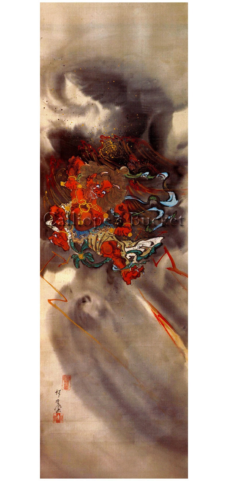 Raijin 雷神 God of lightning and thunder, watercolor on silk. all artworks are sold without the Calliope's Bucket stamp image 1