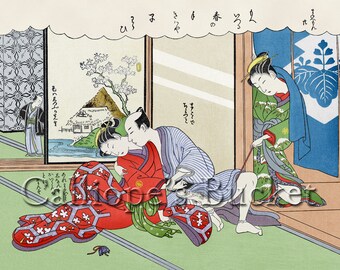 The new furisode - 振袖新造, From the series: The Amorous Adventures of Mane'emon Shunga Ukiyo-e woodblock print.
