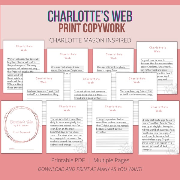 Charlotte’s Web Print Copywork|Living Books Classical Literature|Charlotte Mason Homeschool Printable|Handwriting Copy Work