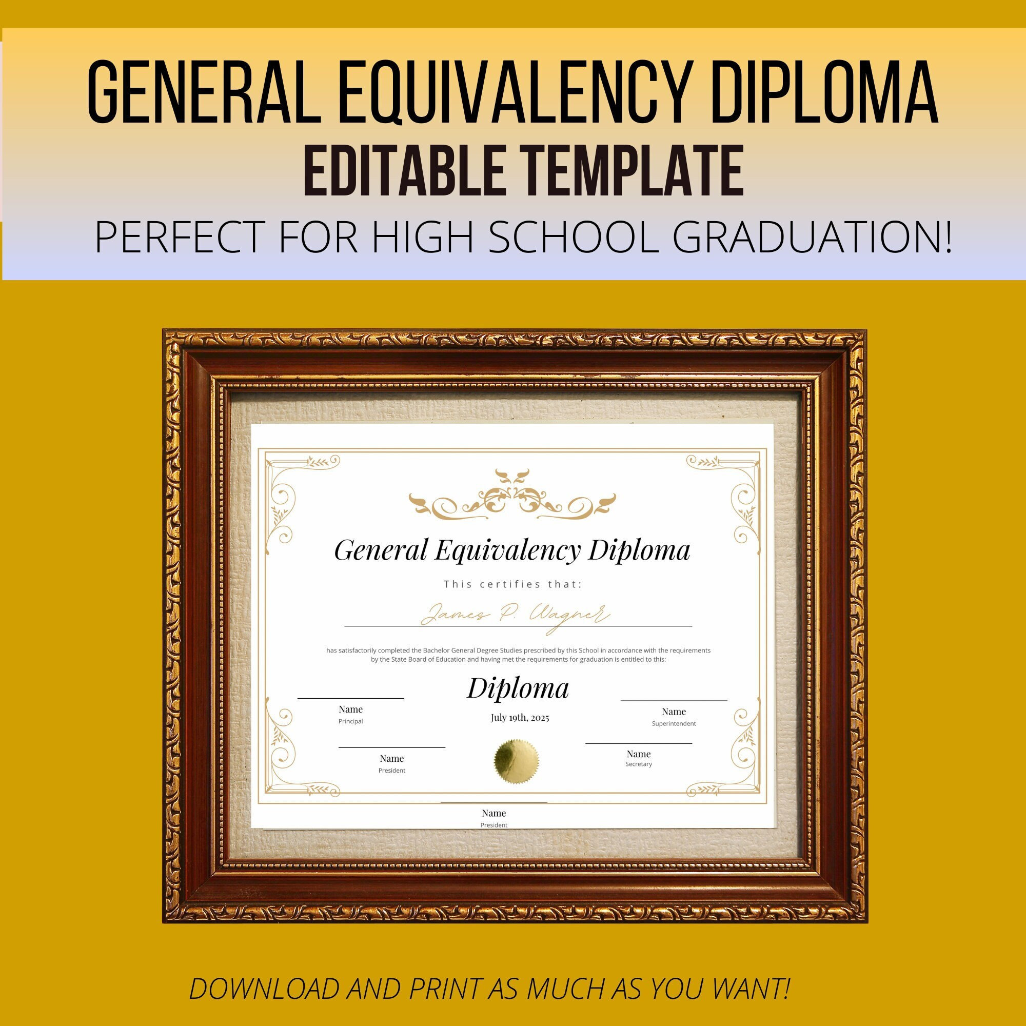 Editable High School Diploma Template General Equivalency Etsy