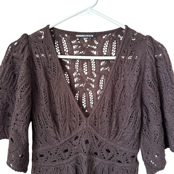 VTG Glam Open Knit Sweater Dress Sz M Brown Babydoll Crochet Hippie Boho  Y2K - Etsy