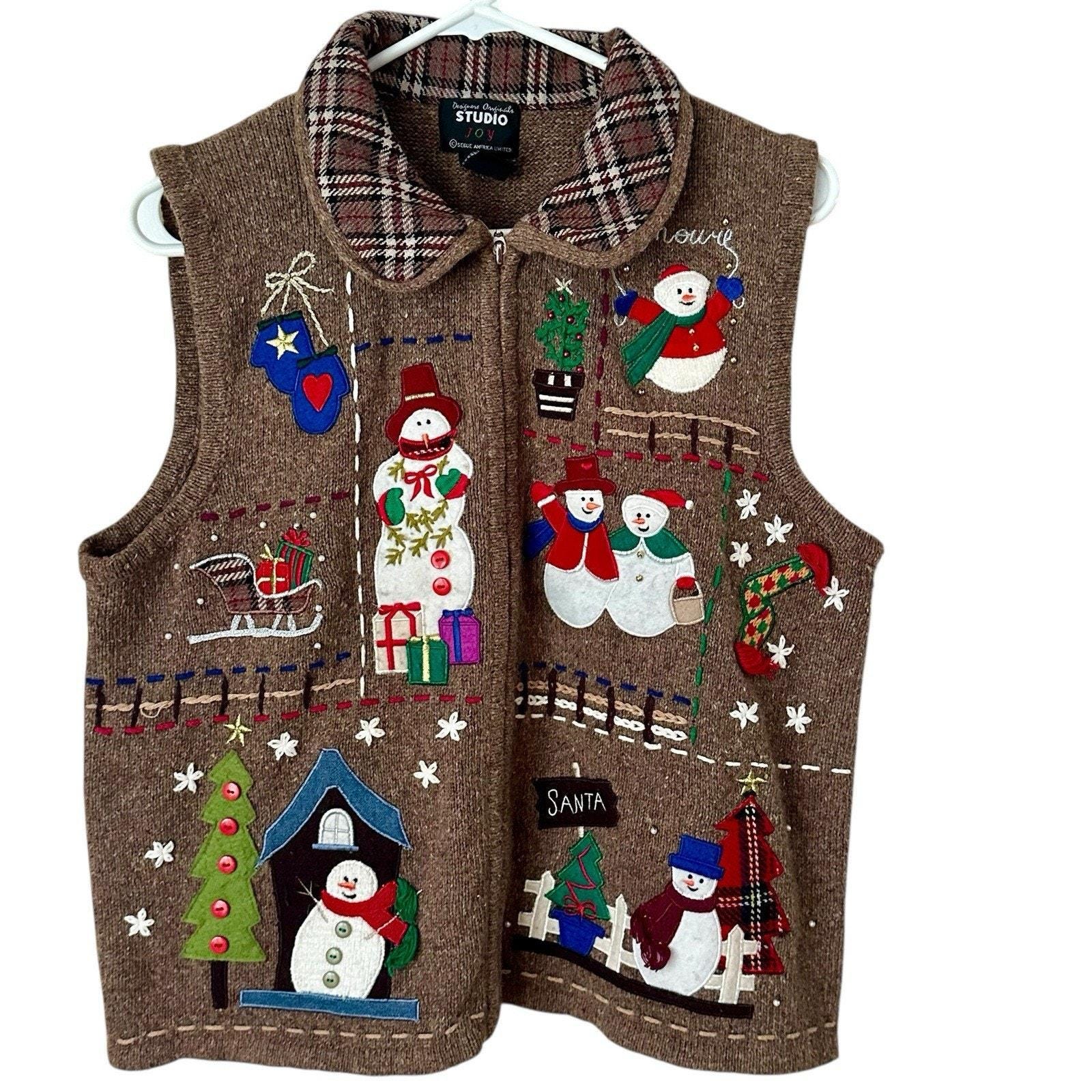 VTG Studio Joy Christmas Sweater Vest Sz L Tan Brown Wool Blend Embroidered