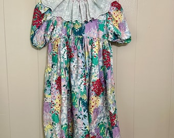 Vintage Snips N Snails Girls Dress Floral W/ Removable Lace Collar Sz 6X 80s 90s