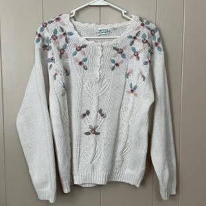VTG Colleen’s Collectibles Sweater Sz M L Cream W/ Flowers Cottagecore Grandma