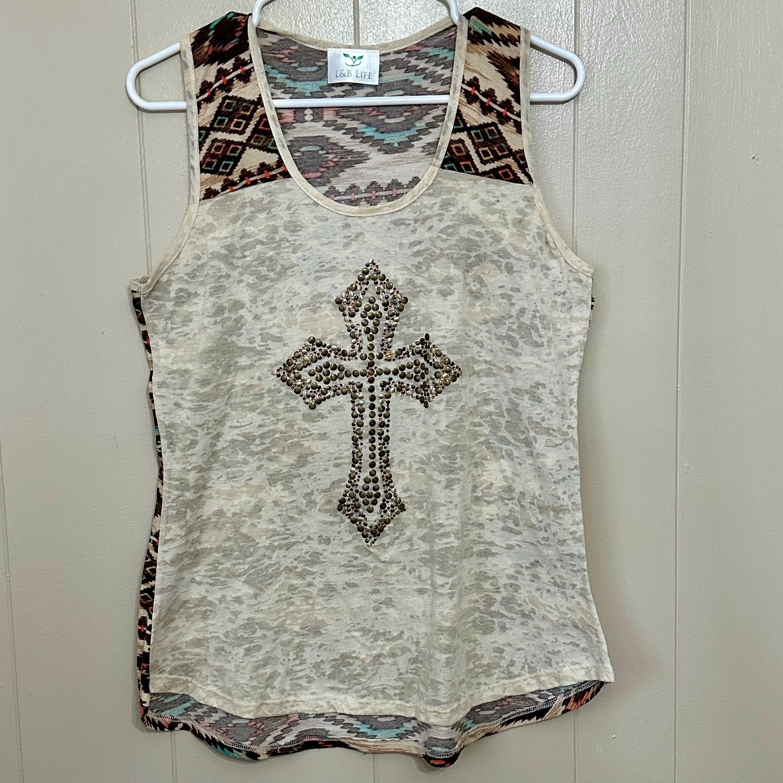 Vtg L&B Life Beaded Studded Cross Tank Top Sz M Y2K Sheer