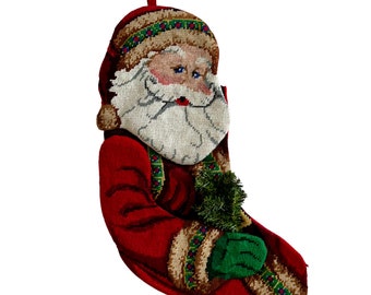 Needlepoint Tapestry Christmas Stocking Santa Claus Vintage Decor Read Desc