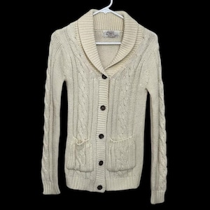 Suéter de punto cable vintage Sears JR Bazaar, cárdigan, talla S, color crema y marfil, chal