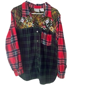 Vintage Blair shirt voor dames, maat XL, patchwork flanel, geruit, geborduurd, bloemenpatroon, jaren 90, countrystijl