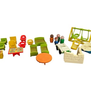 VTG Fisher Price Little People Lot 25 Pc Chairs Desks Beds Boat Swing Set Furniture