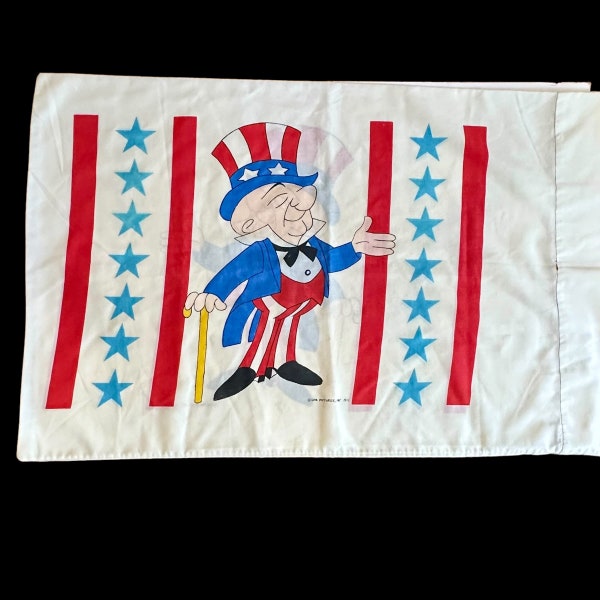 Mr Magoo Patriotic Uncle Sam Pillow Case 1972 USA Vintage Cartoons TV Fabric