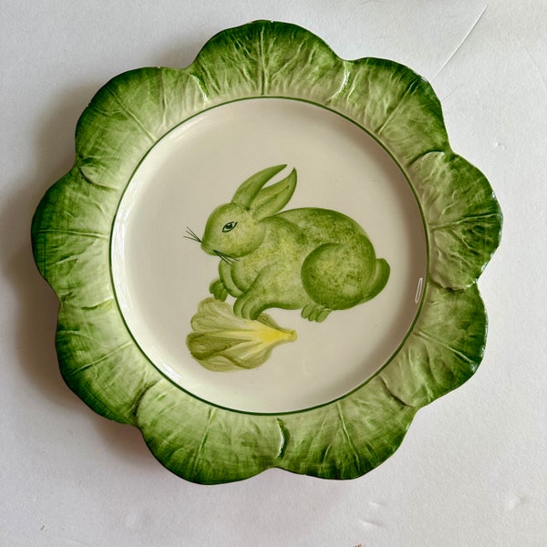 Italian Green Bunny Plate Lettuce Cabbage Vintage Spring Easter Majolica
