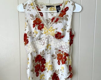 VTG New York & Co 100% Silk Babydoll Top Sz XS Y2K Floral Lace Boho Cream Red