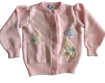 VTG Baby Kisses Sweater Cardigan Girls Sz 24 M Pink Bunnies Easter Spring